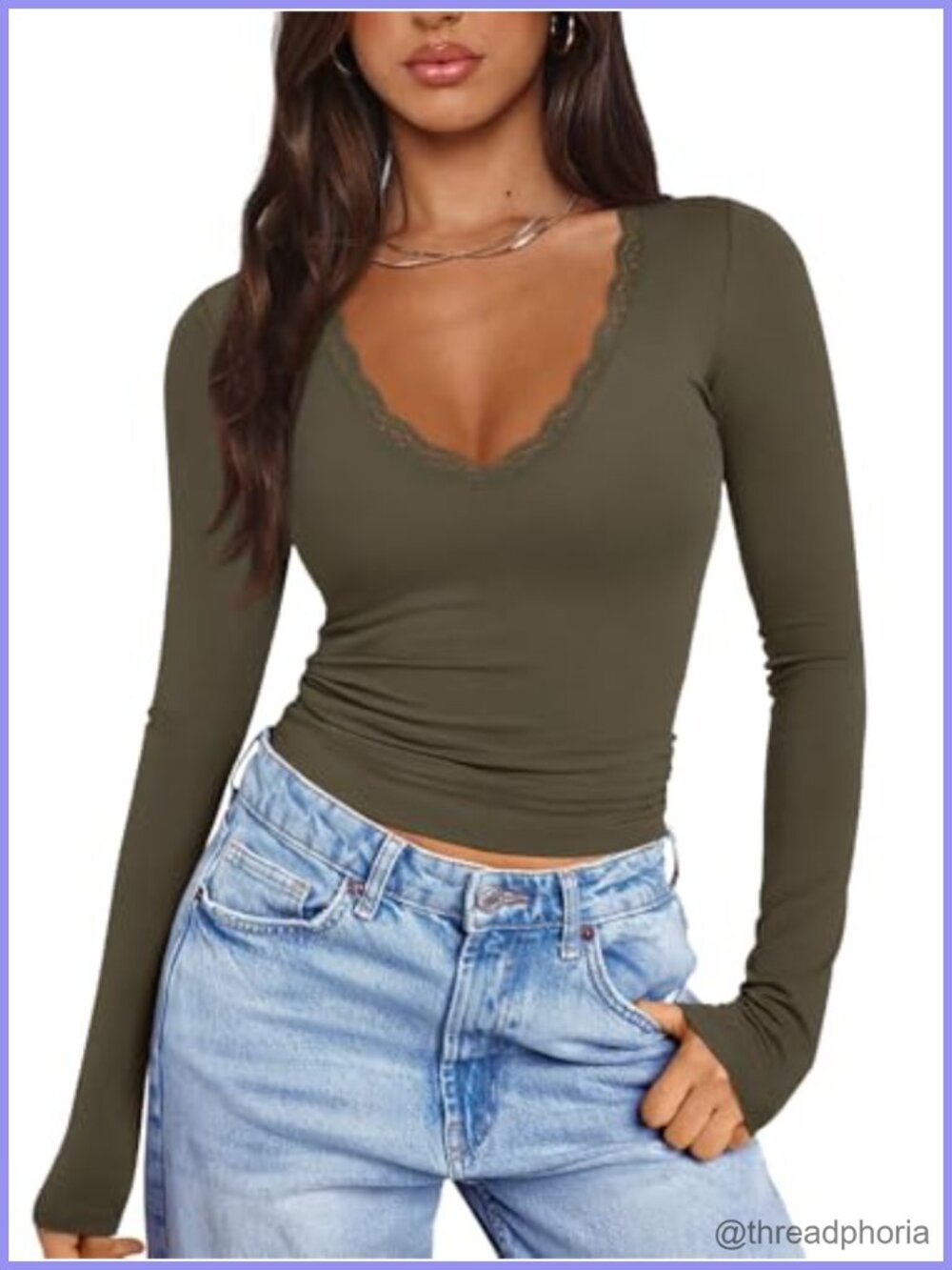 Women's V-Neck Lace Long Sleeve Top Slim Fit Double Lined Y2K Fall Going Out